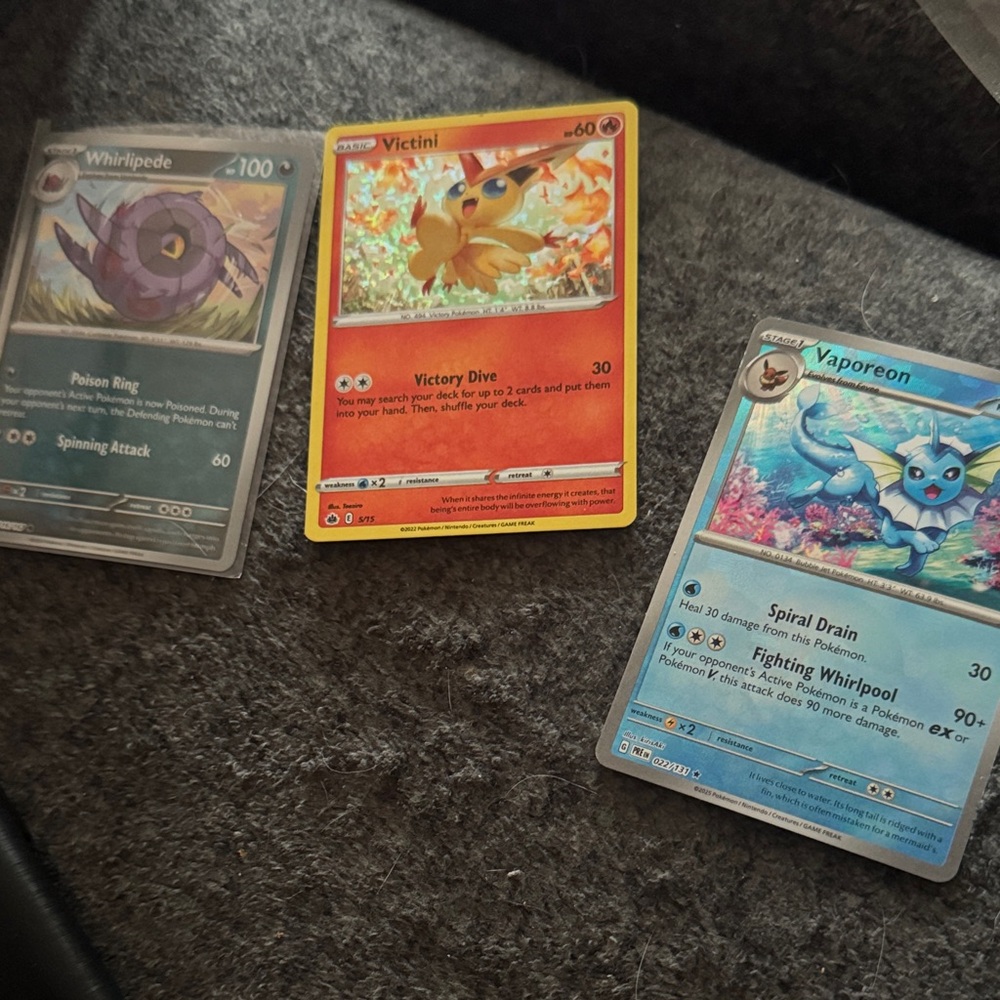 Pokemon Trading Cards - Victini, Vaporeon, Whirlipede